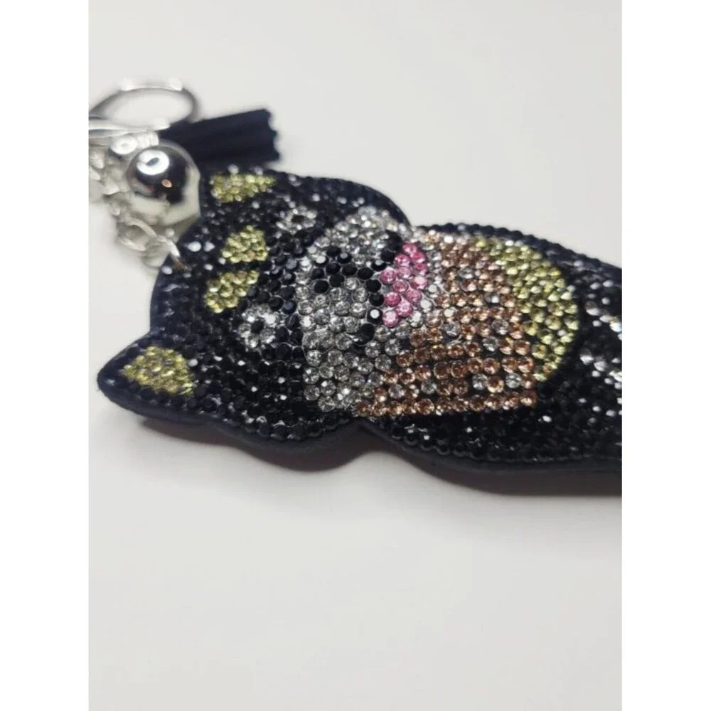 NWT Large Sparkly Puffy Black And Tan Husky Dog Keychain, Bag Charm With Tassel